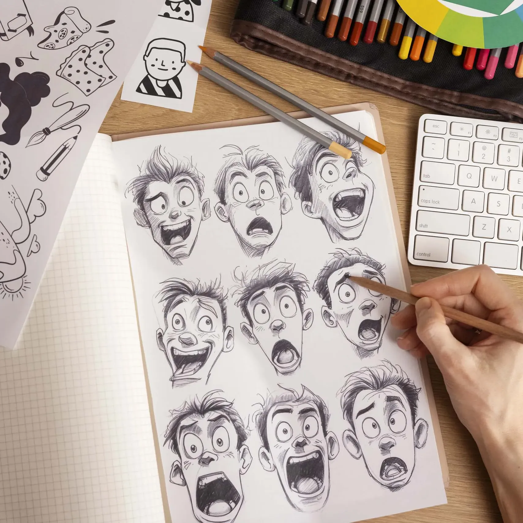 Character animator dessinant différentes expressions faciales pour un personnage.