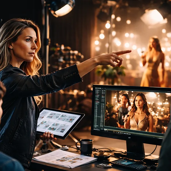Directrice artistique supervisant un tournage publicitaire avec une équipe de production audiovisuelle