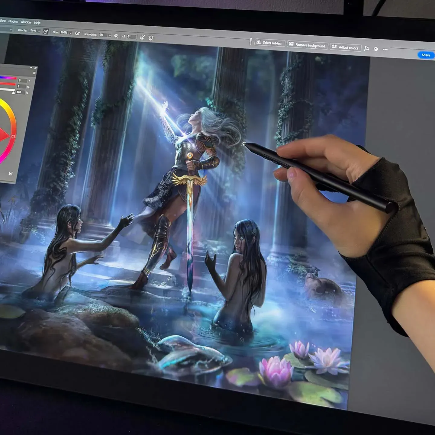 Game artist créant une illustration fantasy sur tablette graphique.
