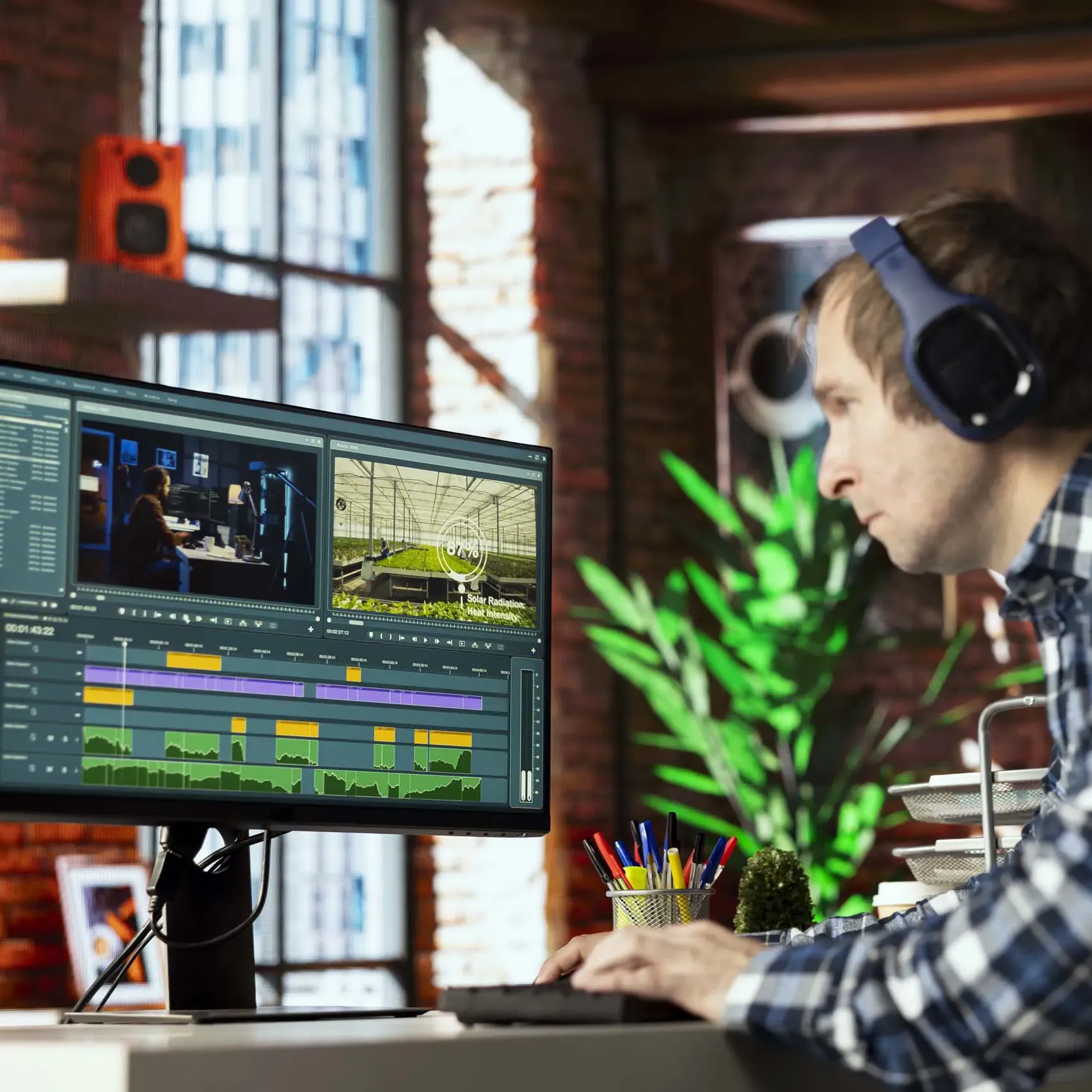 Game sound designer travaillant sur le montage et l’édition sonore d’un jeu vidéo.