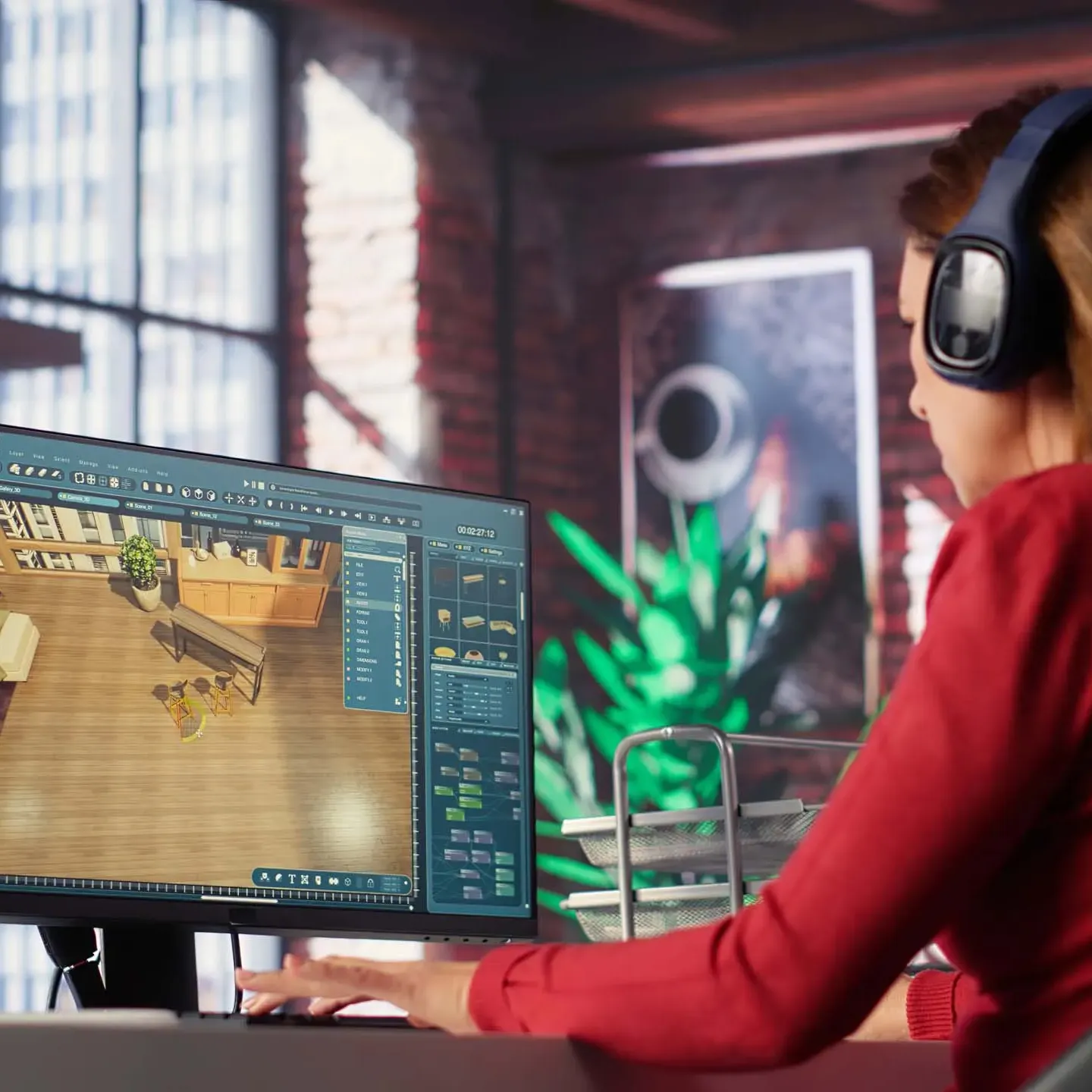 Level designer créant un environnement de jeu vidéo sur ordinateur.