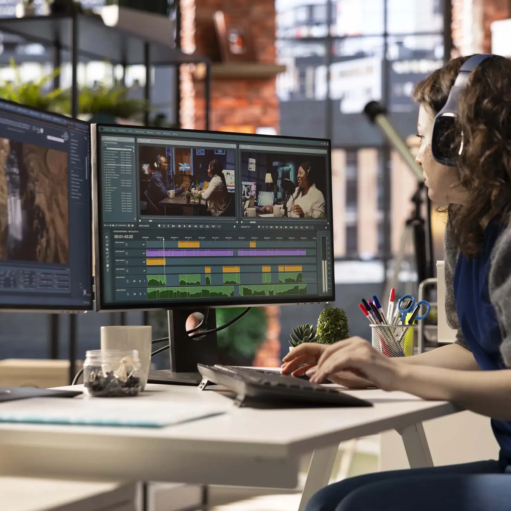 Motion designer réalisant un montage vidéo sur deux écrans d’ordinateur.