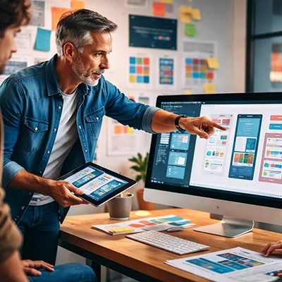 Superviseur visuel guidant une équipe de designers devant un écran présentant des maquettes d’interface dans un studio de design.