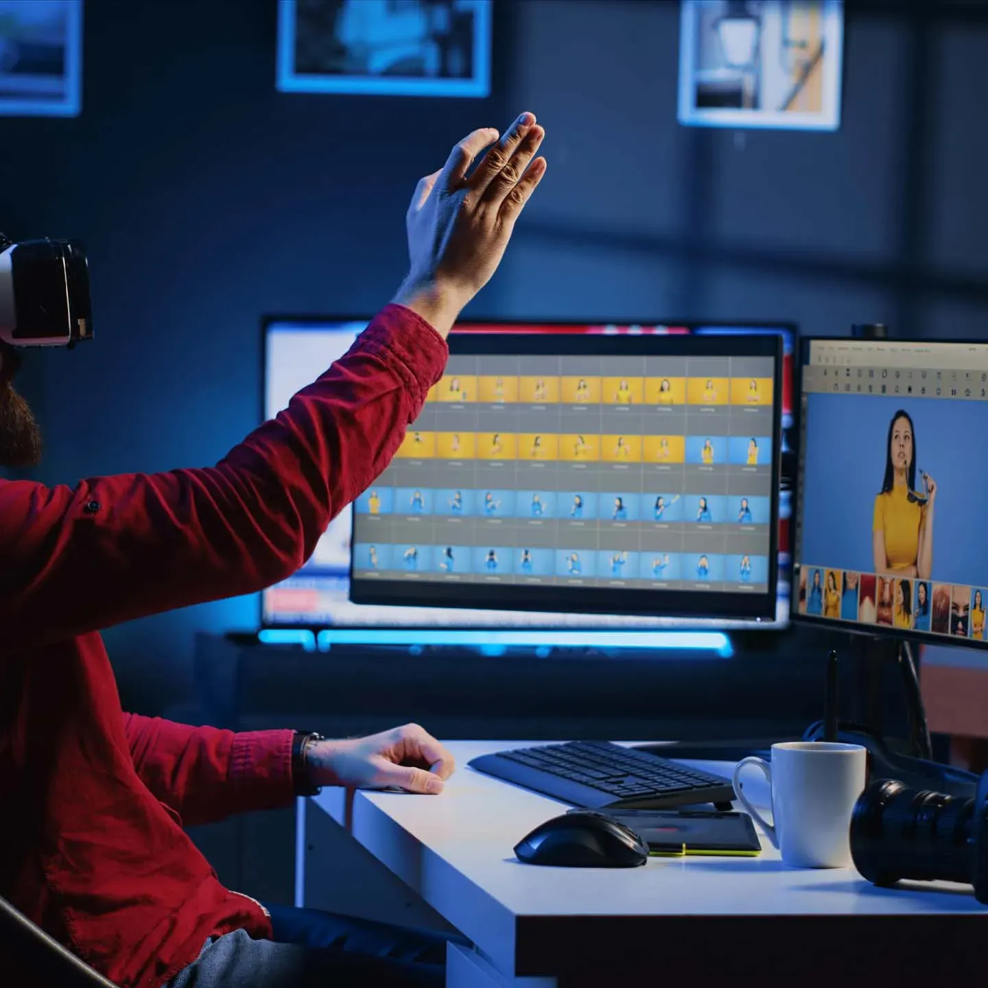 VFX artist travaillant sur des effets visuels sur plusieurs écrans.