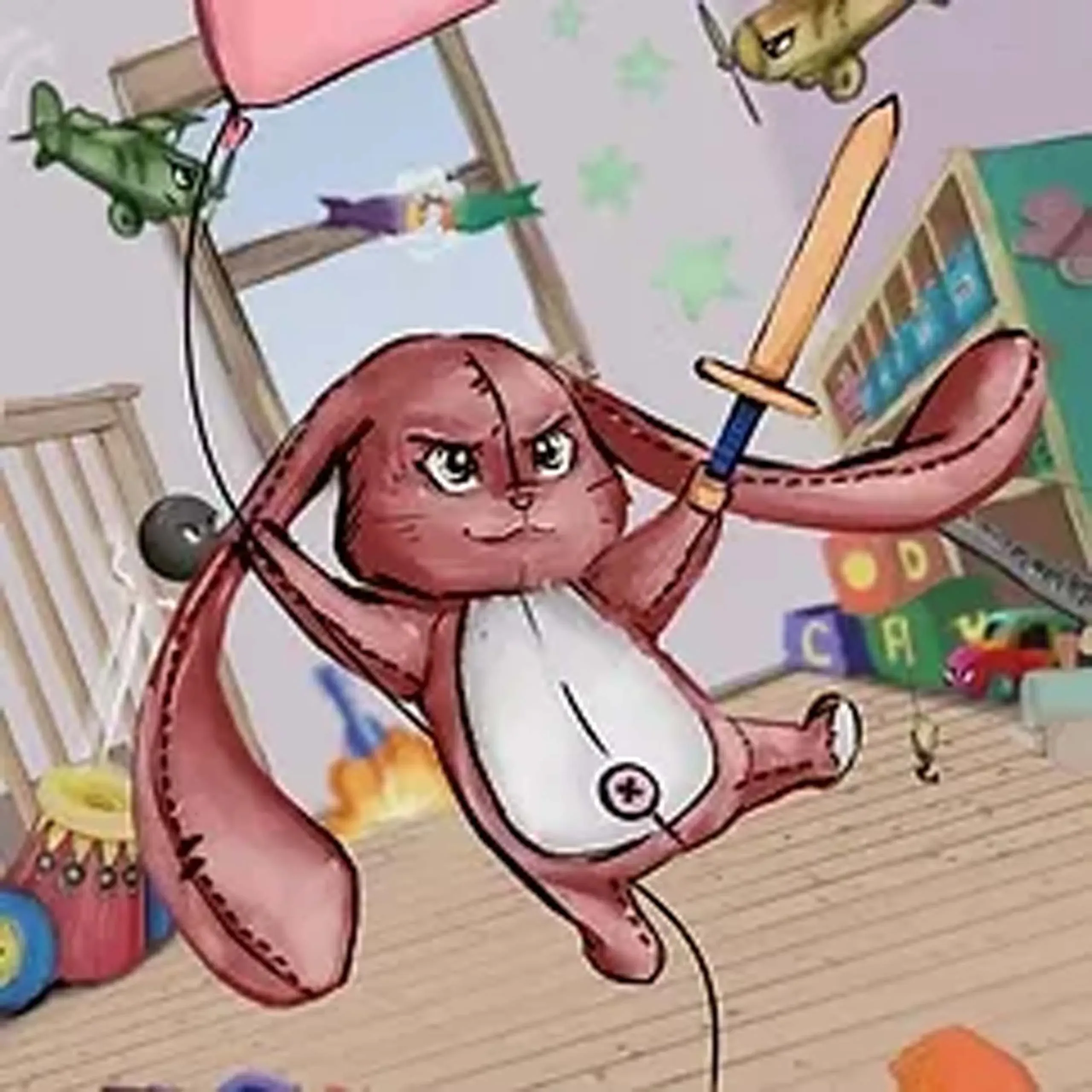 Illustration digitale d’un lapin en peluche animé dans une chambre d’enfant avec des jouets.