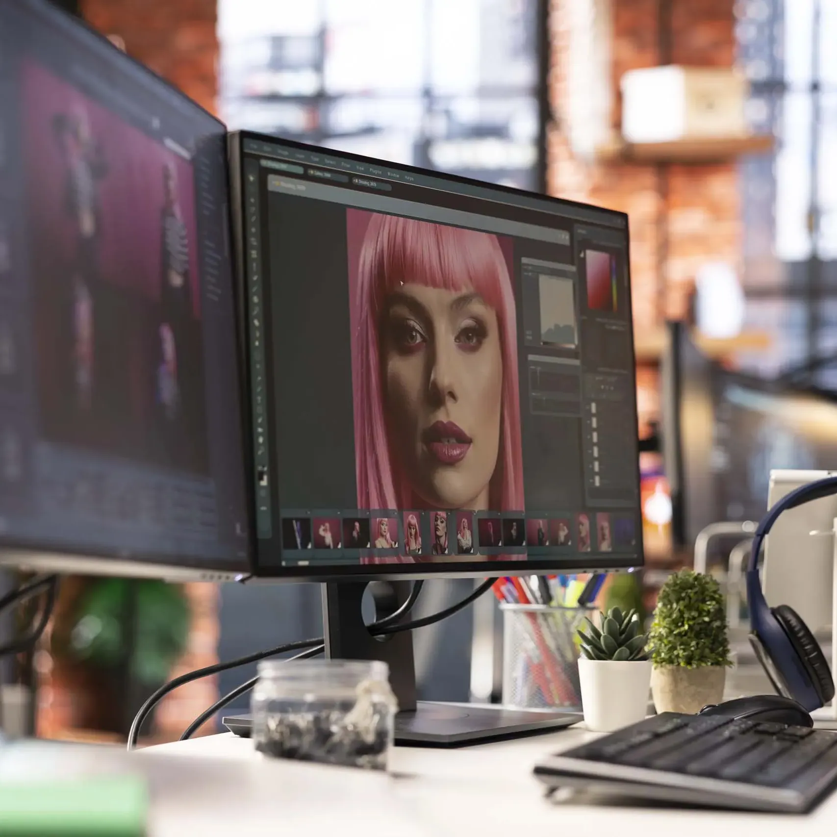 Motion designer en train de retoucher une image sur un logiciel de création sur double écran.