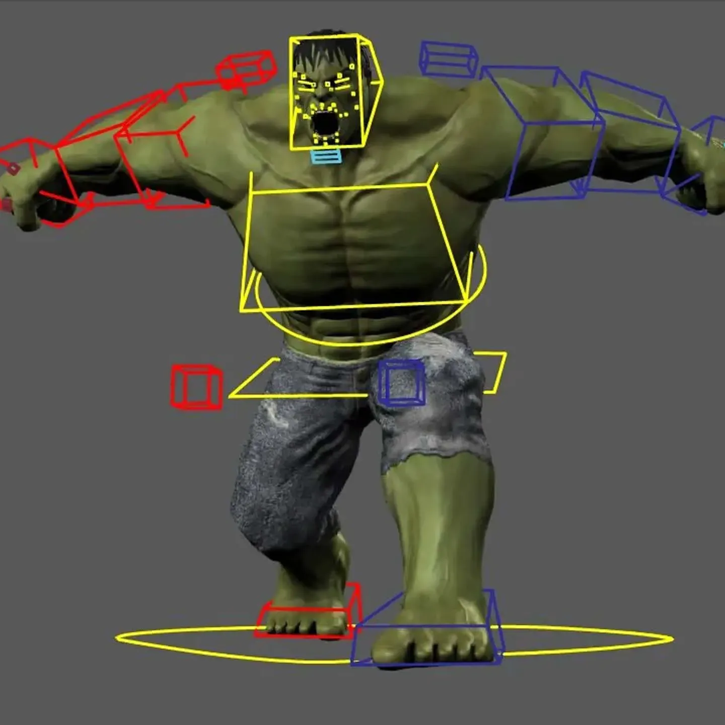 Rigging d’un personnage 3D avec contrôleurs d’animation sur un modèle.